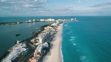 aerial photograph of hotel zone in Cancun, Mexico