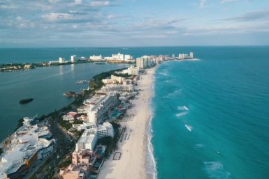 aerial photograph of hotel zone in Cancun, Mexico