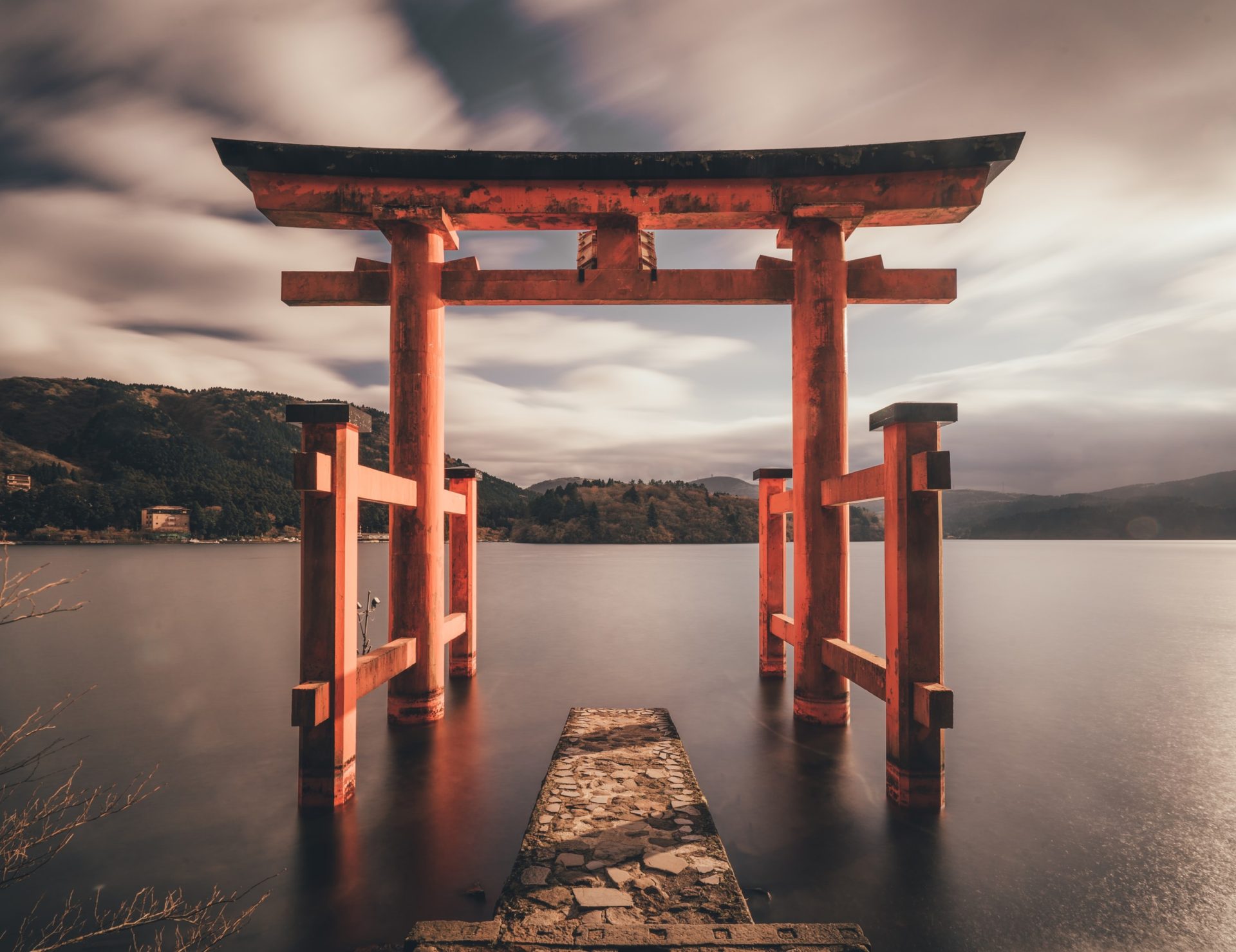Torii gate on water in Hakone, Japan