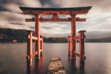 Torii gate on water in Hakone, Japan