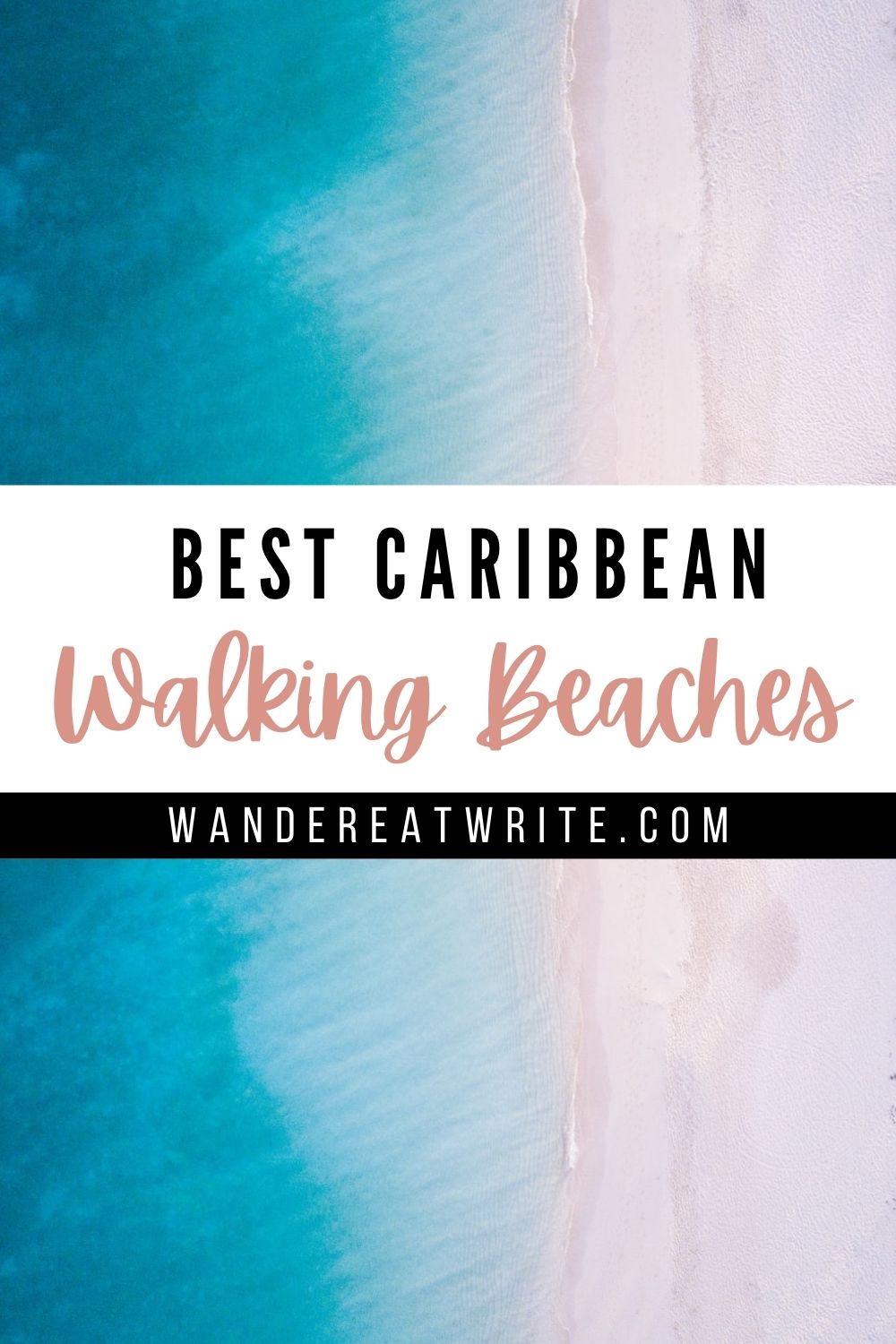 Text: Best Caribbean Walking Beaches; Pictured: Aerial photo of a white sand beach and clear blue waters
