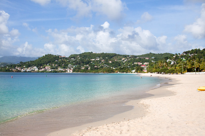 Grand Anse Beach in Grenada: clear blue water to the left of the photo and powder-soft sand great for walking to the right