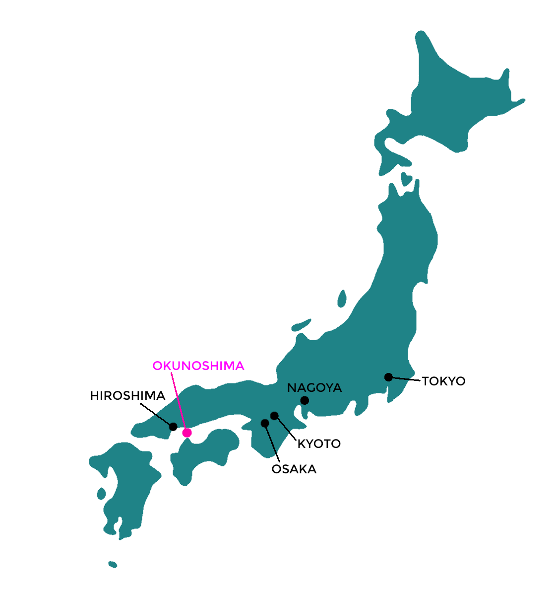 Simple map of Japan with major cities marked (Tokyo, Nagoya, Kyoto, Osaka, Hiroshima) in relations to Okunoshima (Rabbit Island)