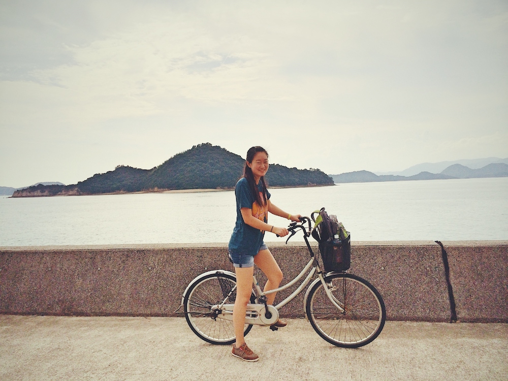 biking around Okunoshima Rabbit Island Japan