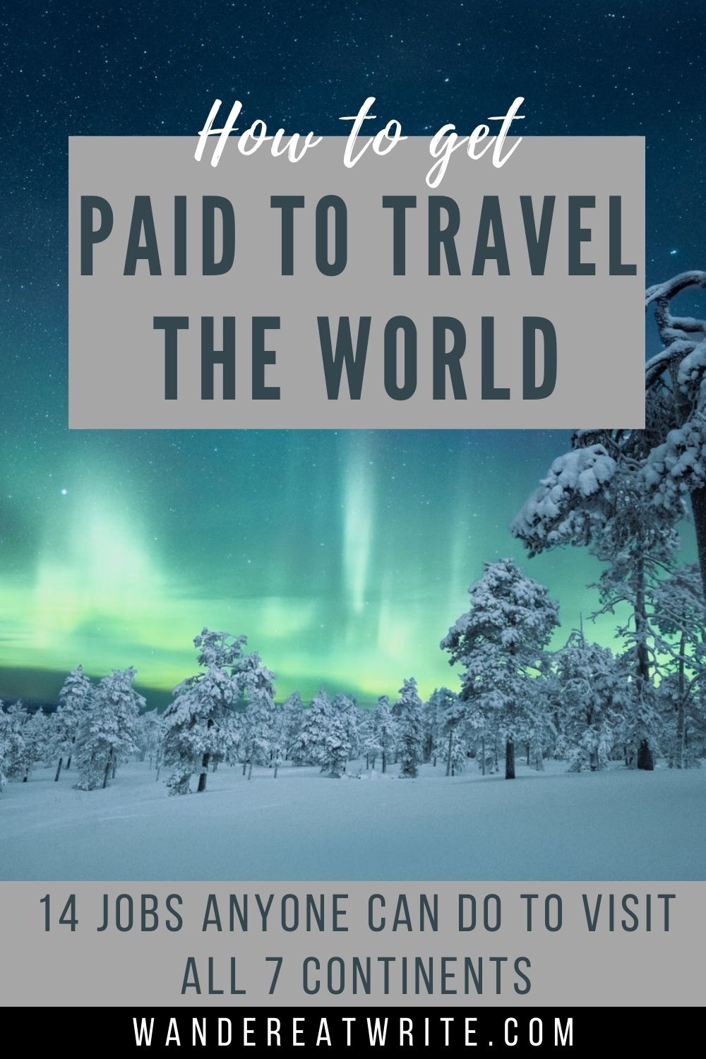 Text: how to get paid to travel the world; photo: northern lights and snowy landscape and snowy trees in Finland winter