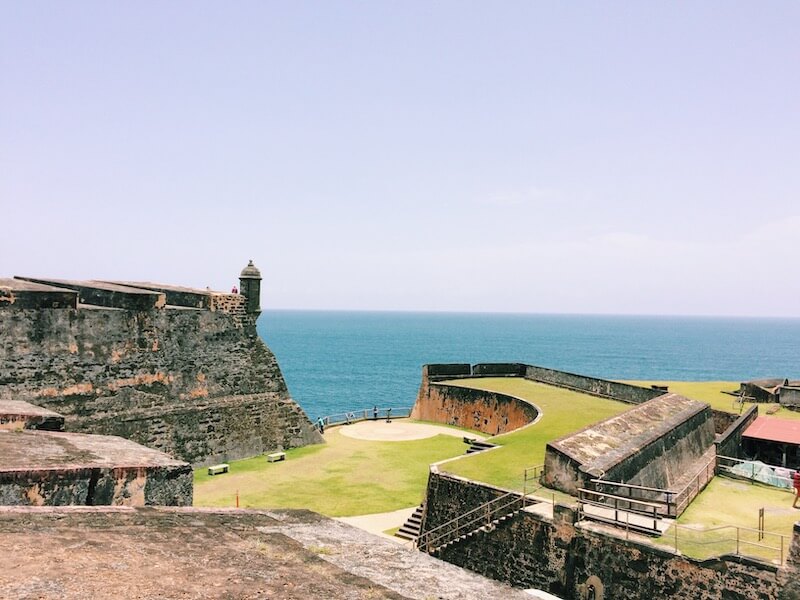 Different levels of the Castillo de San Cristobal Fortress in San Juan with ocean view