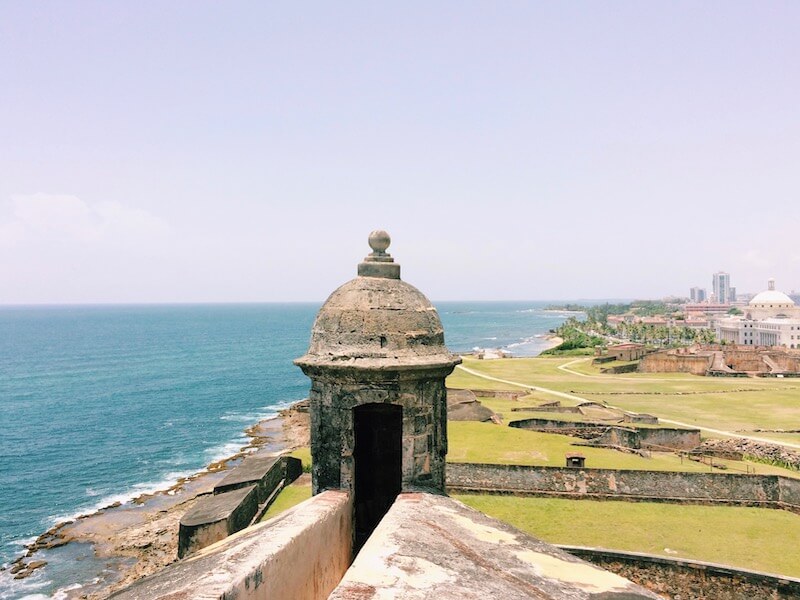 Castillo de San Cristobal sentry box overlooking ocean and Old San Juan