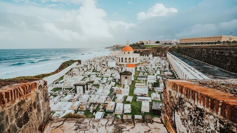 Tombstones in a cemetery by the sea in San Juan, Puerto Rico