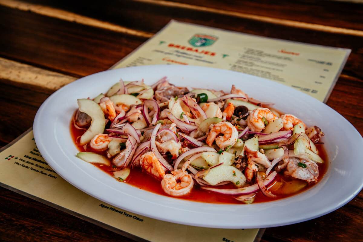 ceviche from el doctorcito in playa del carmen, mexico: shrimp, cucumbers, and onions