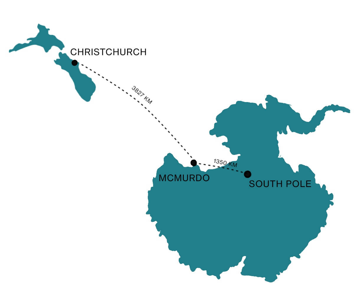 Map showing the route for personnel to reach the South Pole from Christchurch