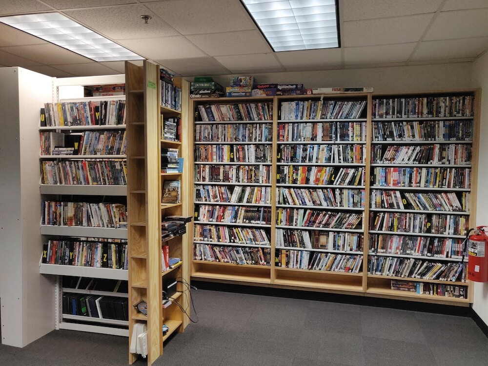 The South Pole's movies library. Pictured: several floor-to-ceiling shelves full of movies