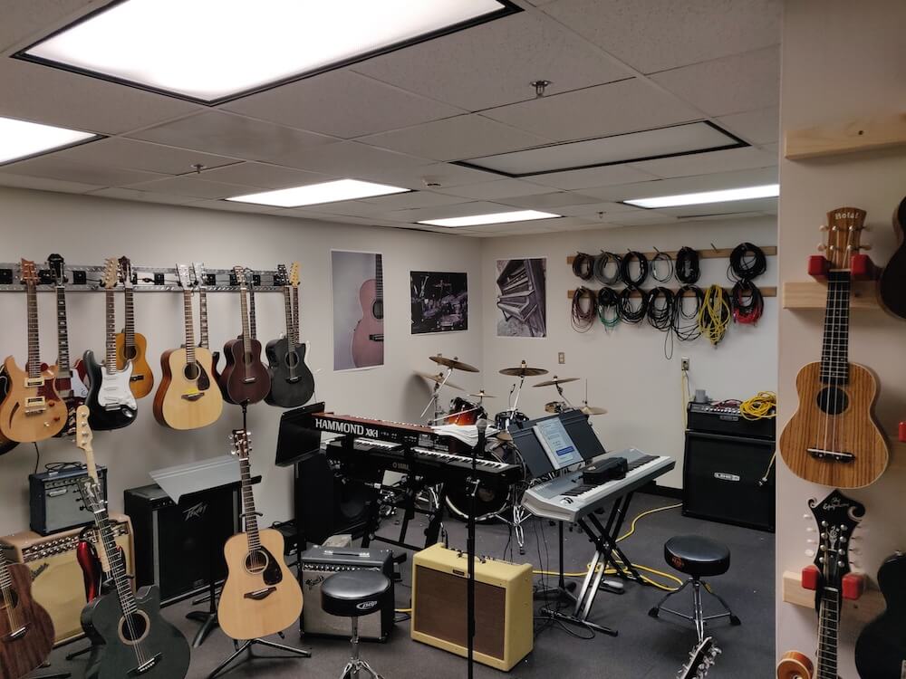 The music room at the South Pole. Instruments pictured: guitars, keyboards, drms