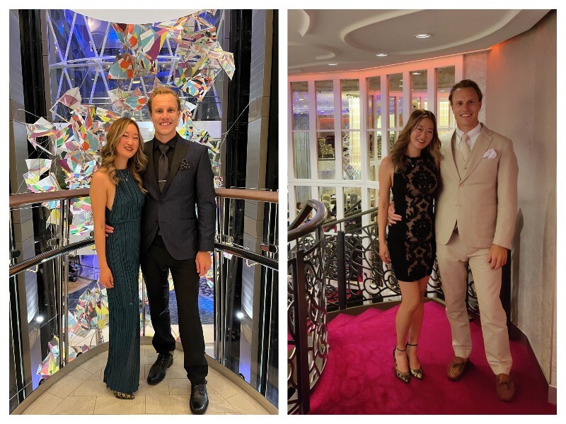 photo collage of couple on cruise ship with outfits for formal night. Left photo is a woman wearing a floor-length emerald dress. The man wears a navy dinner jacket, black slacks, black shirt, and a tie. RIght photo is a woman wearing a mid-thigh length black cocktail dress. The man wears a three-piece cream linen suit