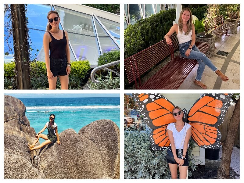 A four picture collage of how to pack for a 7-day Caribbean cruise in only carry on. Top left photo: girl wearing a black tank top and black shorts. Top right photo: girl wearing a white bodysuit and blue jeans with tan beach sandals. Bottom left photo: a girl wearing a white tshirt and green romper sitting on large granite rocks. Bottom right photo: girl standing in front of life-size butterfly cutout wearing a white tshirt and black shorts.