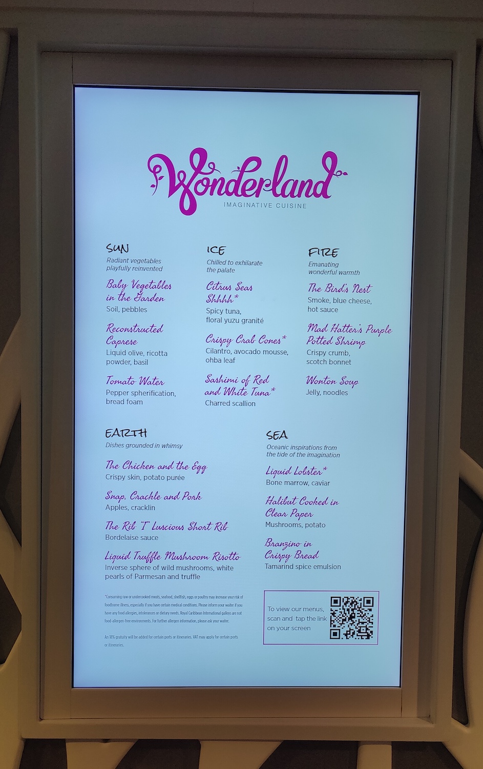 menu from Wonderland restaurant on Royal Carribean's Symphony of the Seas