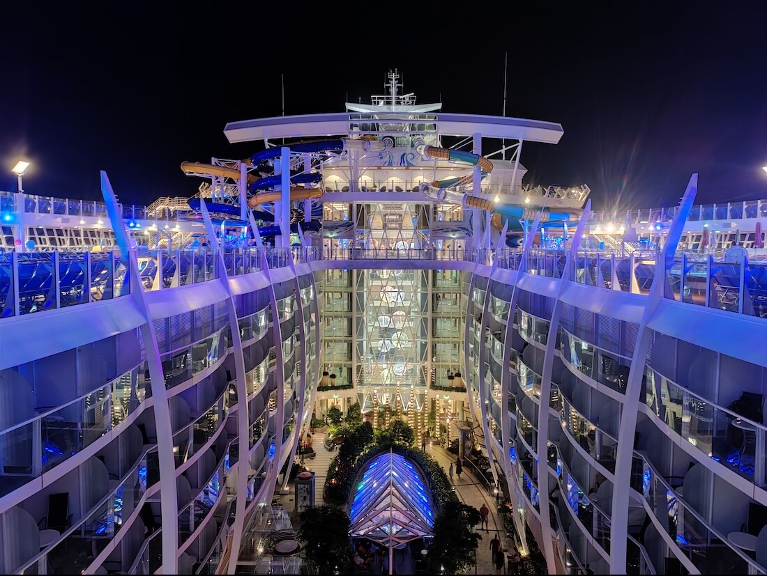 Symphony of the Seas at night, looking into Central Park from the Pool Deck