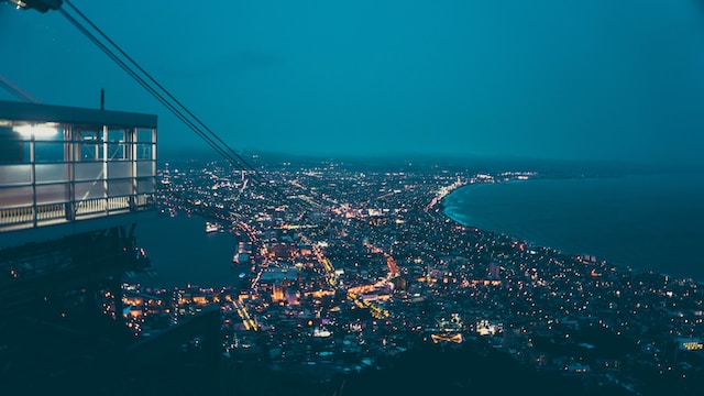 An aerial view of Hokkaido lit up at night