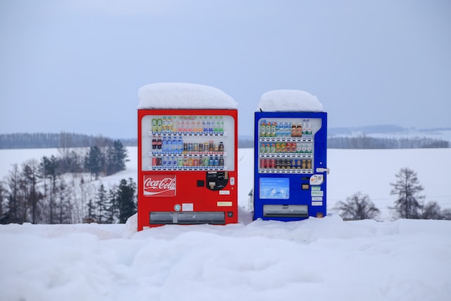 two japanese vending machines stand outside in the snow