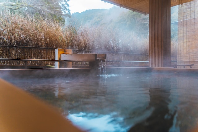 a private onsen (hot spring) in japan surrounded by mountains and brush