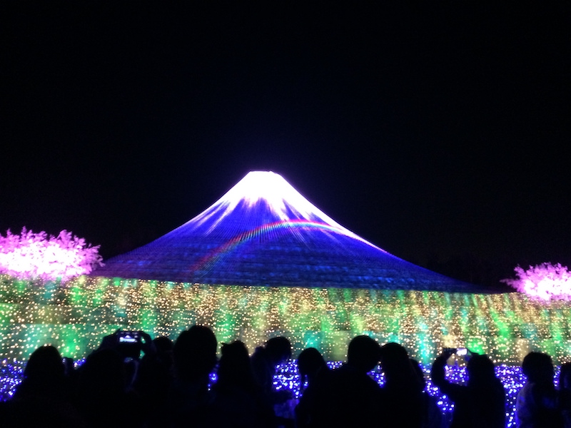 A night photo of one of Japan's winter illuminations. Mt. Fuji is displayed in lights and surrounded by fields of lights as well. Silhouettes of people are in the foreground watching the tokyo winter festivity