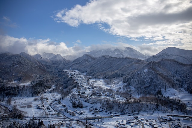 mountains and a vallley covered in snow in Yamagata, Japan