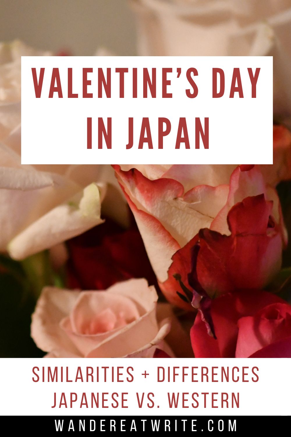 Pin title: Valentine's Day in Japan: Similarities + Differences, Japanese vs Western. Photo: a bouquet of roses in red and peach