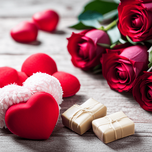 Red roses in the right corner, two small pieces of chocolates wrapped, and candied hearts on the left
