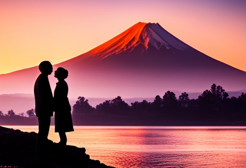 A silhouette of a man and woman in front of Mt.Fuji in Japan during sunset for Valentine's Day