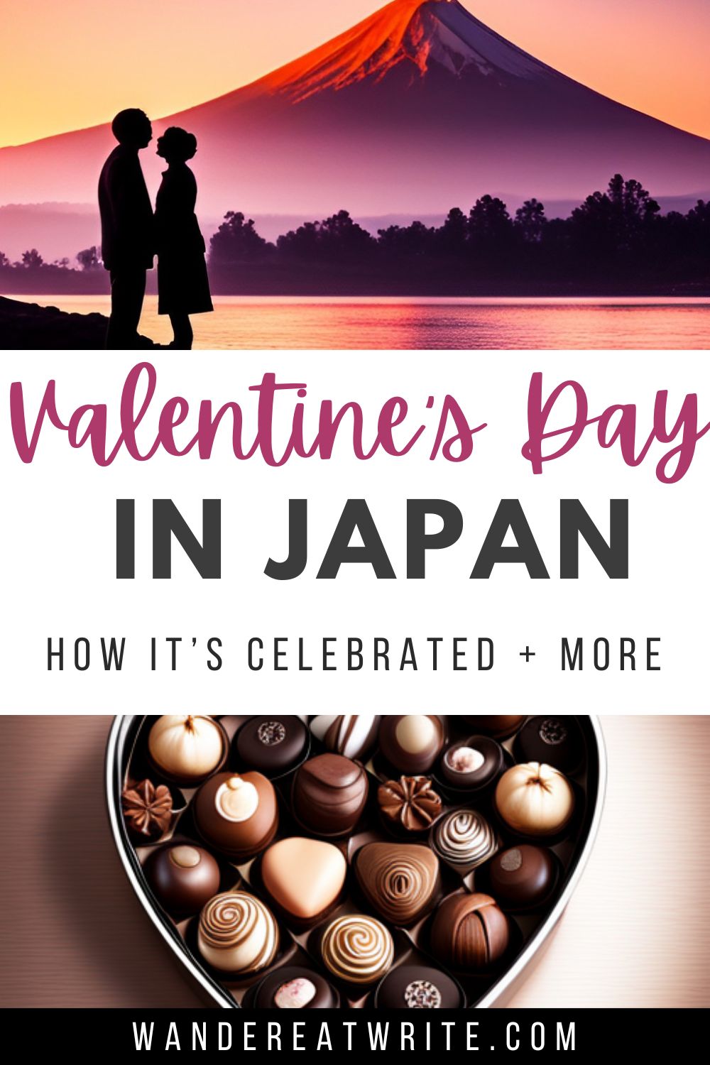 Pin title: Valentine's Day in Japan: How it's celebrated + more. Top photo: a couple holds hands by the water in front of Mt. Fuji. Bottom photo: an assortment of gourmet chocolates in a heart-shaped box