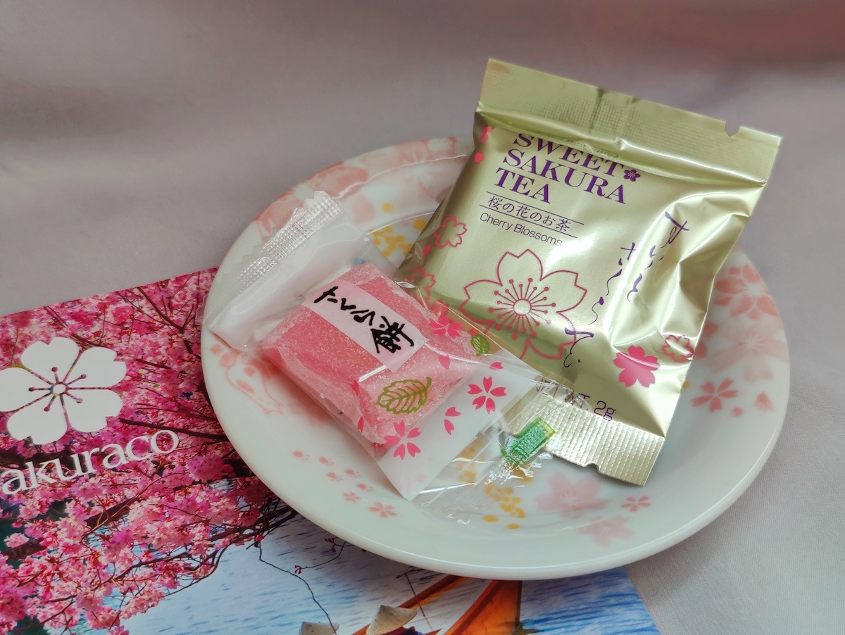 An unopened piece of pink mochi and sweet sakura tea on a floral ceramic Japanese dish. A Sakuraco culture guide sits next to it staged for a Sakuraco snack box review