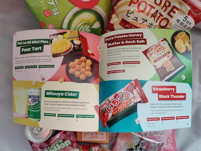 An opened culture guide from a Tokyo Treat box. The page shows four items included in the box along with a short description as well as basic allergen info