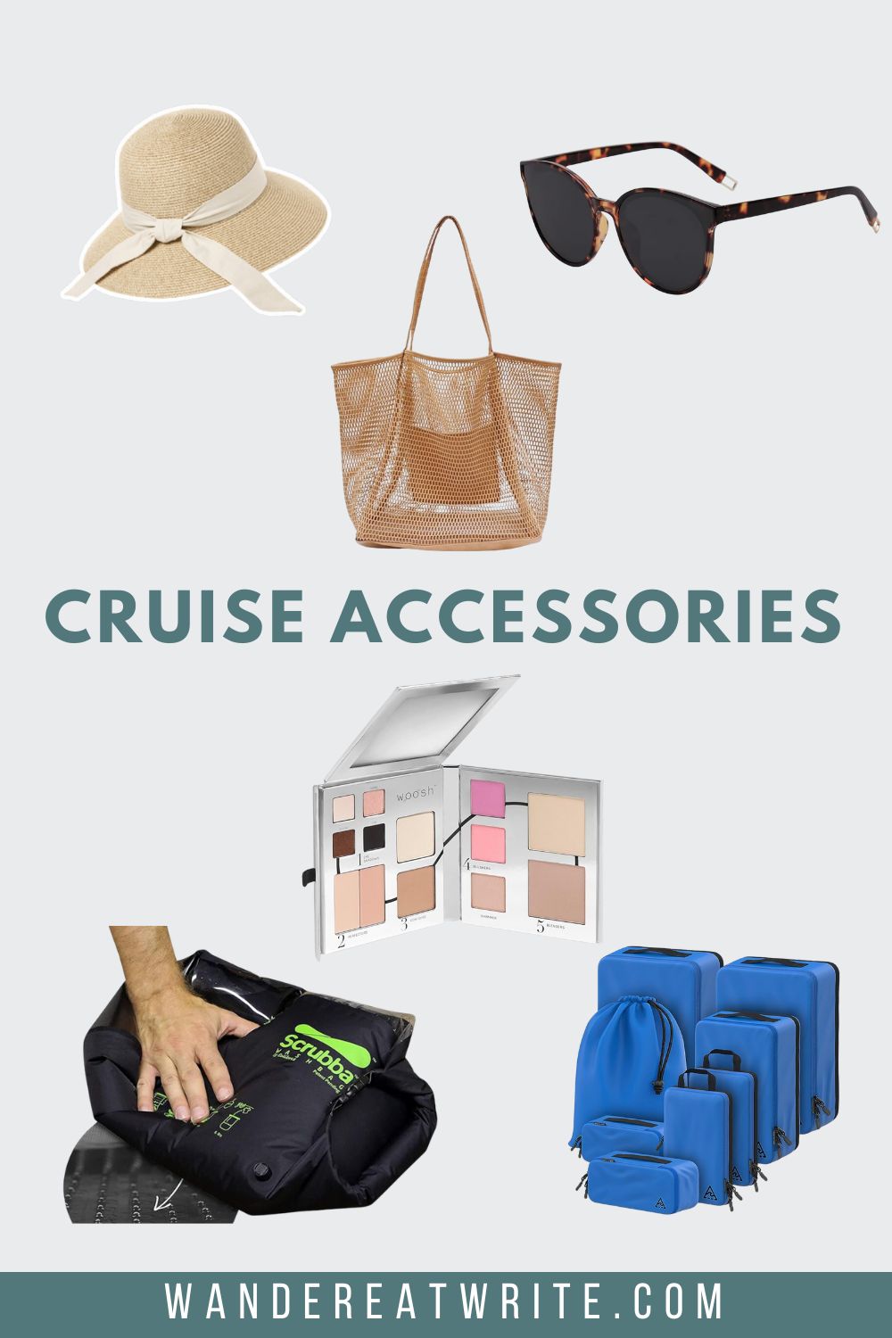 Cruise accessories. Top photos: a wide-brim straw sunhat with a ribbon, tan mesh beach tote, tortoise shell sunglasses. Bottom photos: black scrubba wash bag, all in one makeup palette, blue compression packing cubes