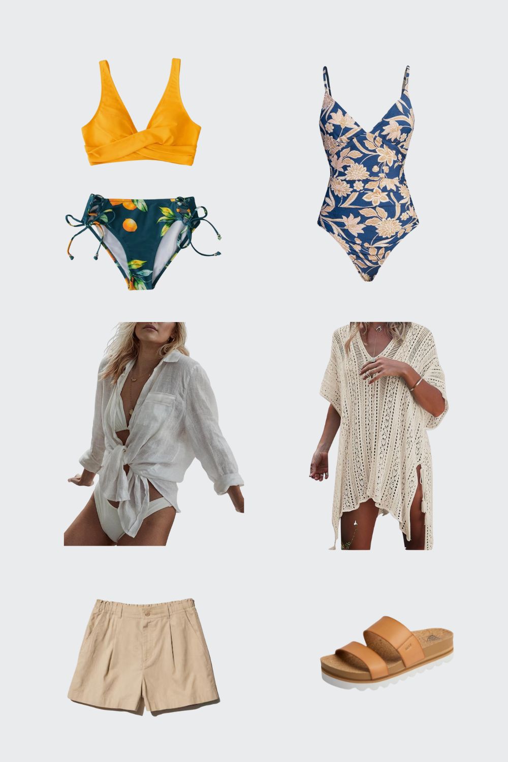 Flatlay collage of women's beach clothing for cruises. Top row: two-piece bikini with yellow top and teal bottoms, navy one-piece swimsuit with beige floral print; Middle row: white button-down, beige crochet beach cover up; Bottom row: beige linen shorts, tan sandals
