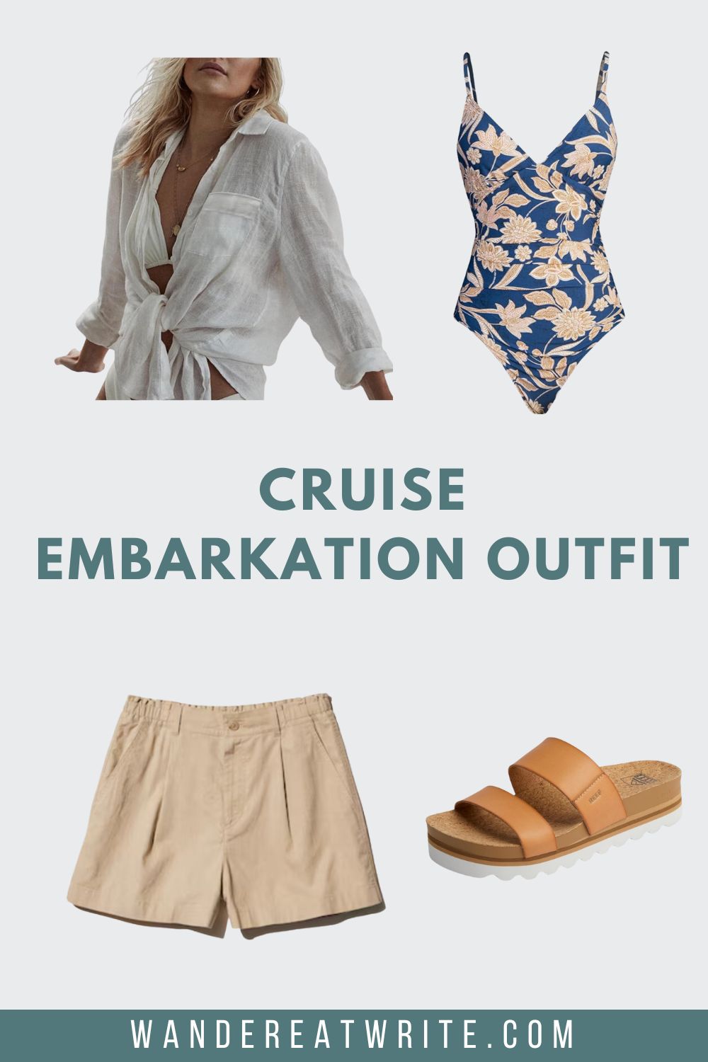 Women's cruise embarkation outfit ideas. Photos clockwise from top left: a woman wearing a white linen button down, a navy one-piece swimsuit with beige floral pattern, tan sandals, beige linen shorts