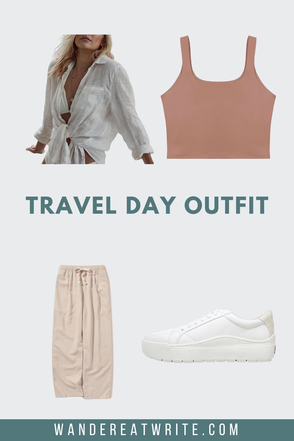 Cruise travel day outfit ideas for women. Photos clockwise from top left: a woman wearing a white linen button down shirt, a pink cropped sleeveless top, white sneakers, beige linen pants