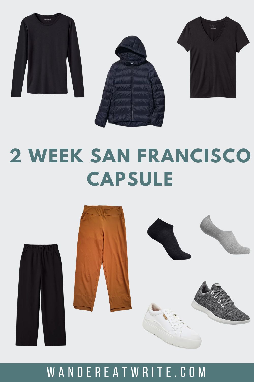 Photo collage title: 2 Week San Francisco Capsule. Top row photos: Unbound Merino long sleeve crew shirt in black, Uniqlo Ultra Light Down Parka in black, Unbound Merino wool v-neck t-shirt in black. Bottom row photos: Unbound Merino Lightweight Travel Pants in black, Aday Straight Up pants in pecan, Unbound Merino ankle socks in black, Unbound Merino no-show socks in gray, Dr. Scholl's Time Off shoes in white, Allbirds wool runner shoes in gray