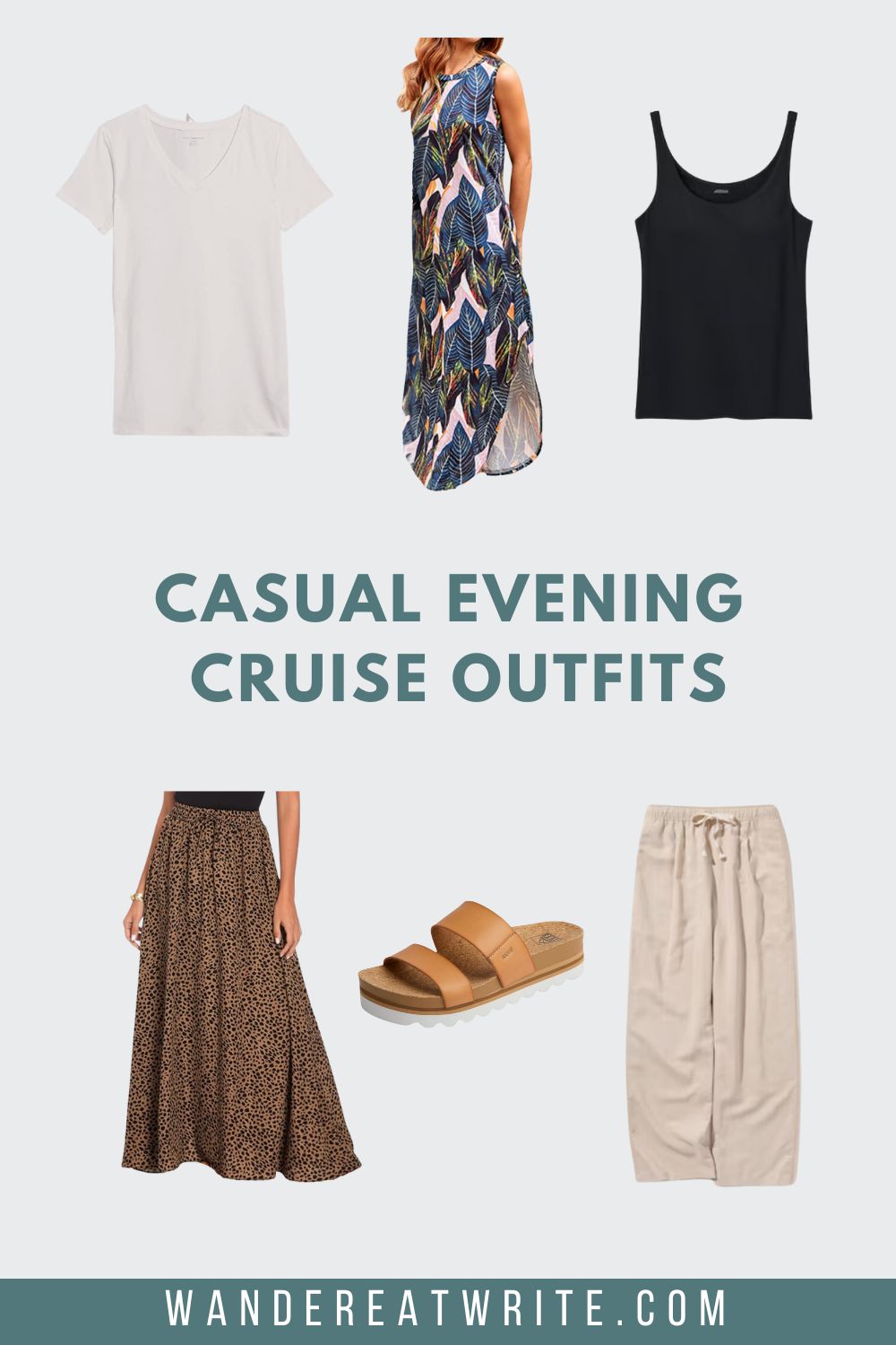 Women's casual evening cruise outfit ideas. Photos clockwise from top left: a white v-neck tee, a sleeveless maxi summer dress with blue feather patterns, black tank top, beige linen pants, tan sandals, leopard print maxi skirt