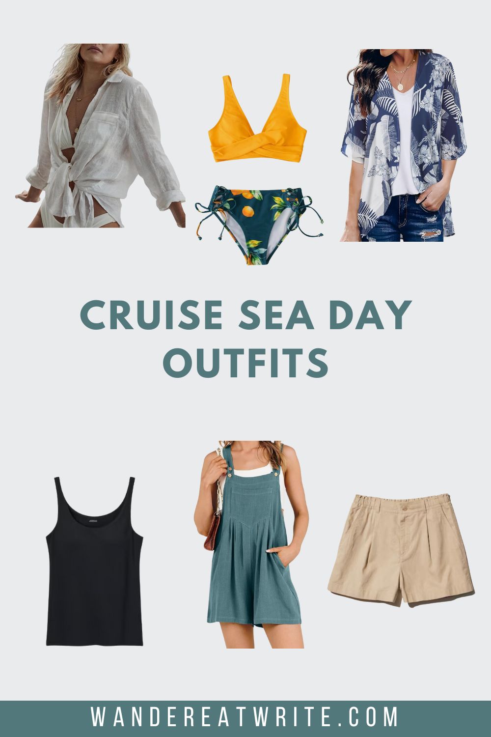 Cruise sea day outfit ideas for women. Photos clockwise from top left: white button down shirt, two-piece bikini with a yellow top and teal bottoms, navy kimono cardigan with white feather pattern, beige linen shorts, teal shorts romper, black tank top