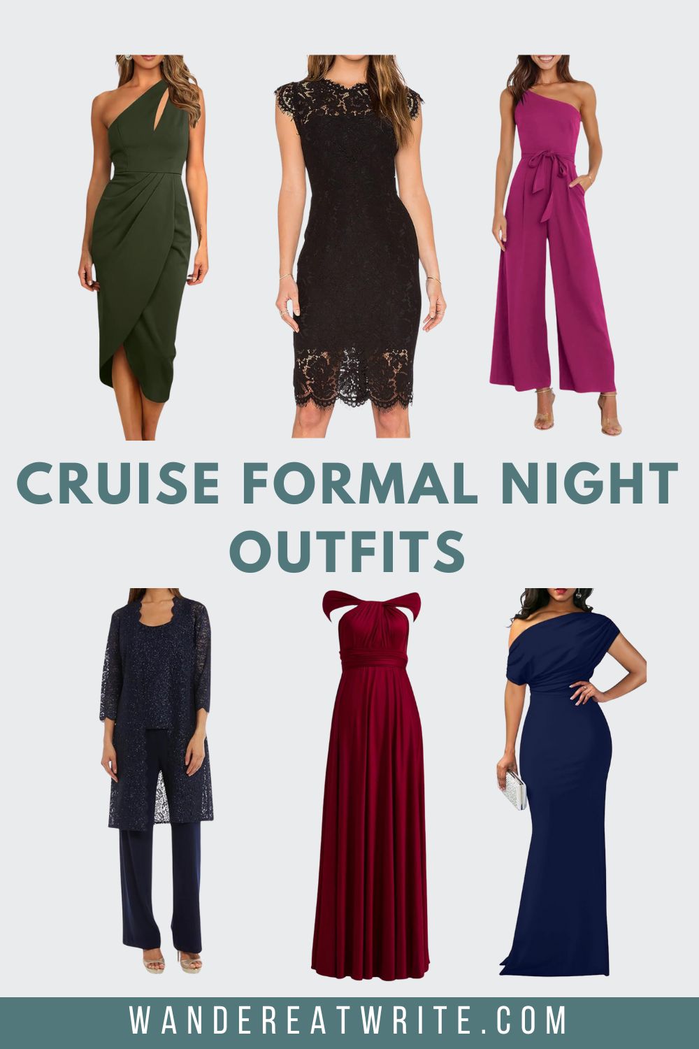 Cruise formal night outfit ideas for women. Photos clockwise from top left: forest green one-shoulder cocktail dress, black cocktail dress with lace, magenta one-shoulder dressy jumpsuit with waist tie, navy off-the-shoulder floor-length gown, ruby infinity dress, dark navy two-piece mother-of-the-bride set