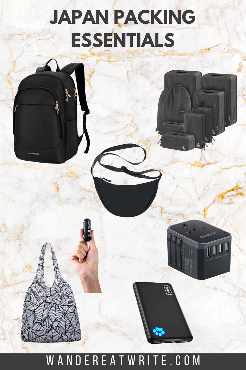 Japan packing essentials: black backpack, set of black compression packing cubes, black half moon sling bag, tote bag with geometric pattern, power bank, international adapter