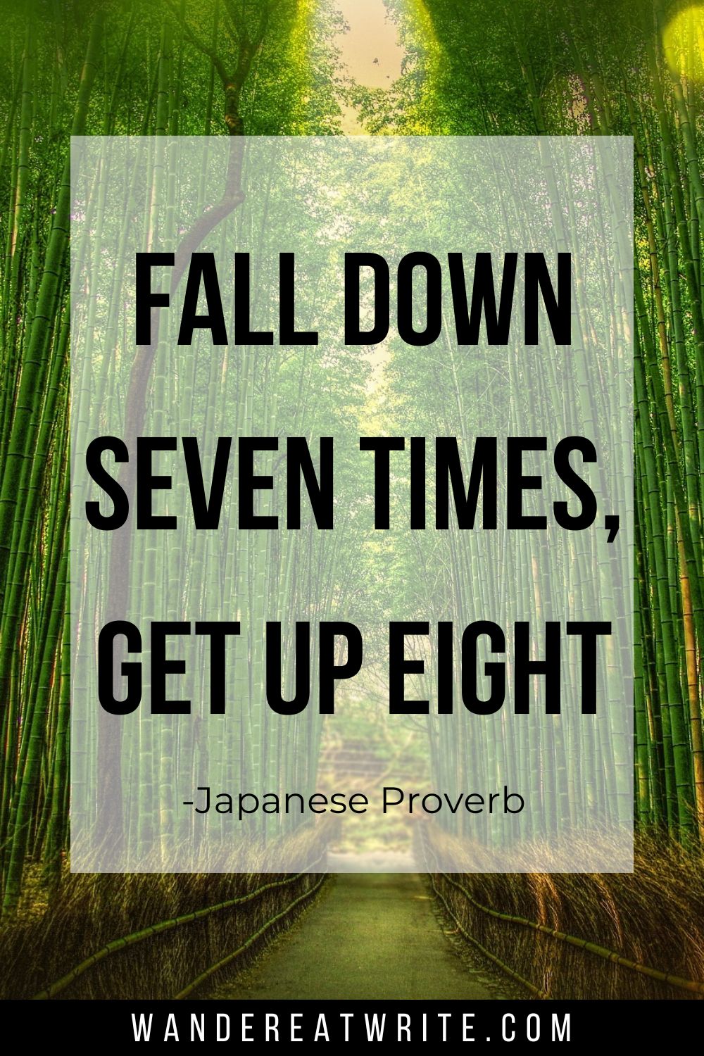 Japanese proverb: fall down seven times, get up eight. Background photo: Arashiyama Bamboo Forest