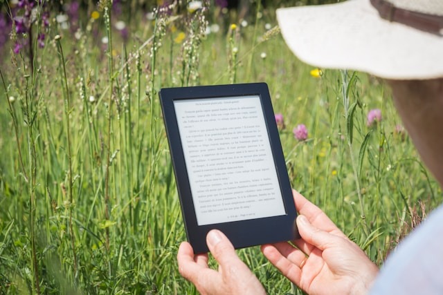 a person holds a kindle reader outside among tall grass