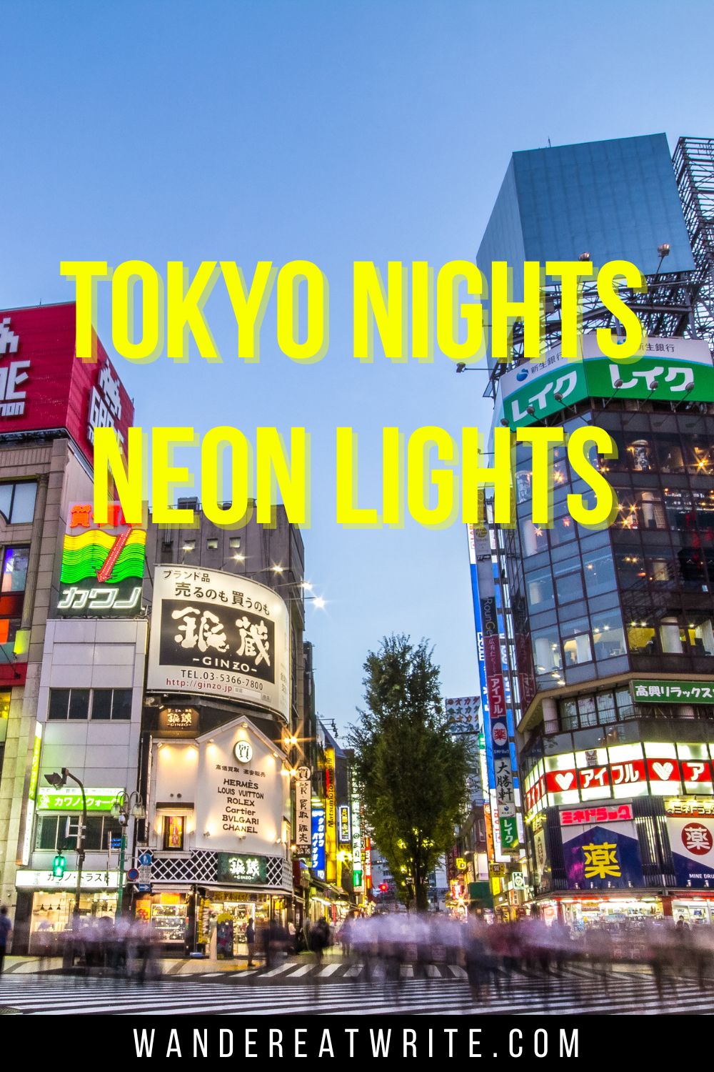 Caption text: Tokyo nights, neon lights. Background photo: Tokyo at dusk with neon lights from building signs lit up.