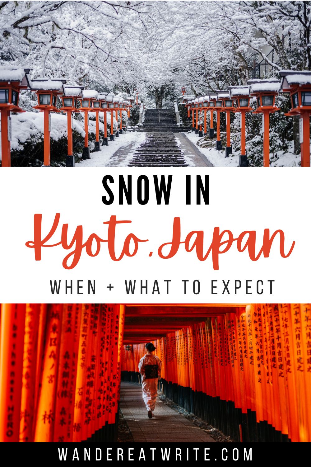 Pin title: Snow in Kyoto, Japan. When & What to Expect. Top photo: snow covers trees and red lanterns along a path. Bottom photo: a woman in a kimono walks through red torii gates