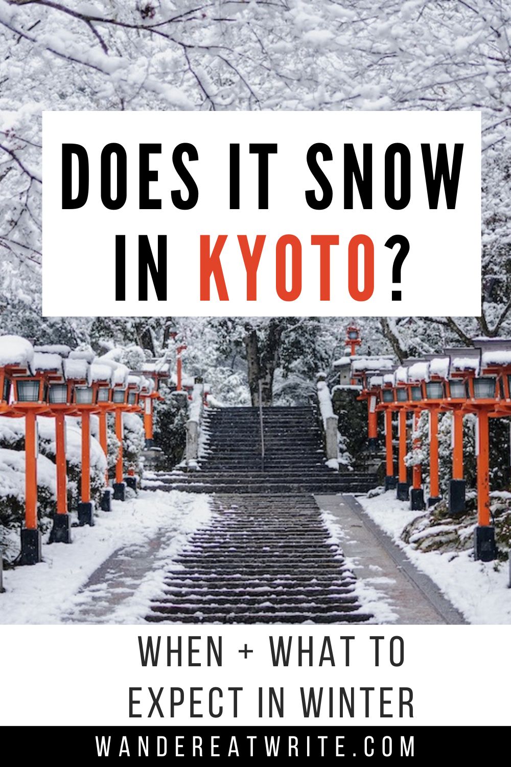 Pin title: Does it snow in Kyoto? When & what to expect in winter. Photo: snow on trees and red lanterns lined path