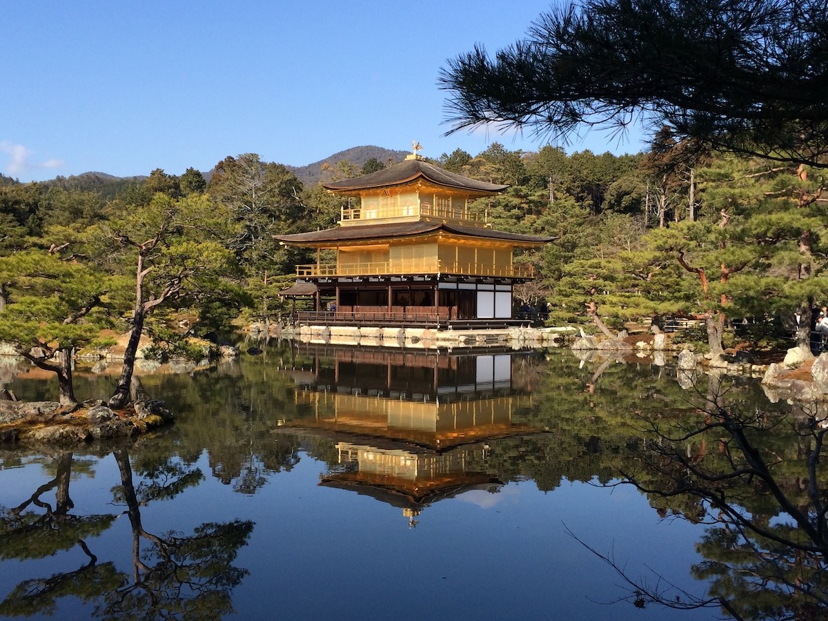 Kinkakuji gold pavillion in Kyoto sits surrounded by water which reflects the pavillion surrounded by trees