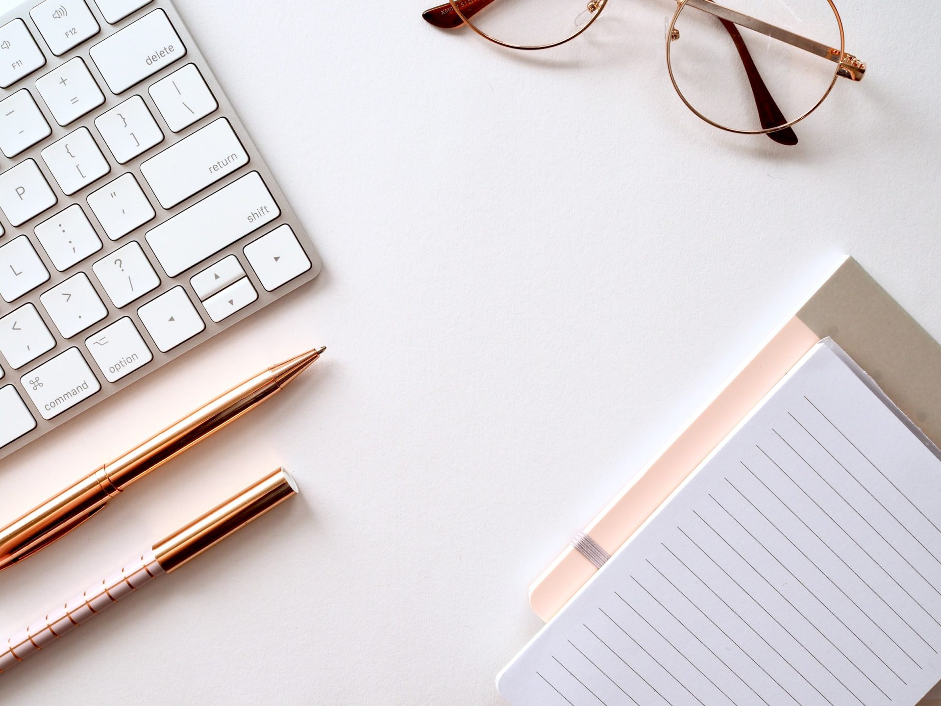 keyboard, pens, paper