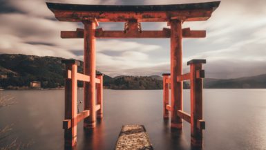 Torii gate on water in Hakone, Japan