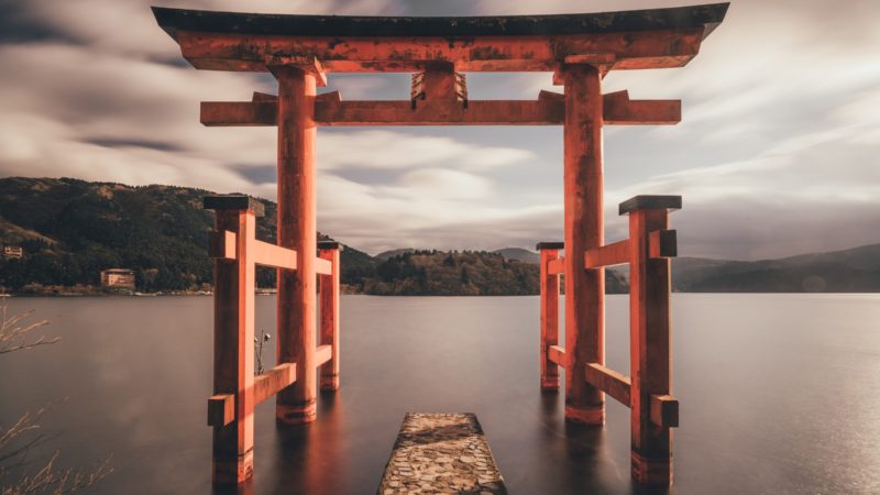Torii gate on water in Hakone, Japan