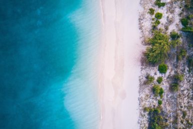 Aerial photograph of flat and walkable Grace Bay Beach in Turks and Caicos; left third of picture showing clear turquoise waters, middle third- white sand, and right third- green trees and vegetation